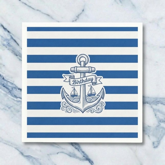 Serviette En Papier Ancrage rayé marin Anniversaire (Classic stripes for your celebration.)