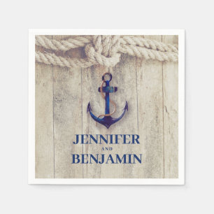 Serviette En Papier Ancre Bleue Marine Bois Rustique Mariage nautique