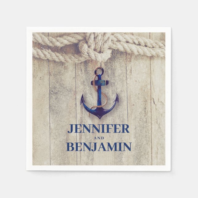 Serviette En Papier Ancre Bleue Marine Bois Rustique Mariage nautique (Devant)
