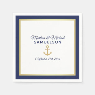 Serviette En Papier Ancre d'or bleu marine Mariage nautique