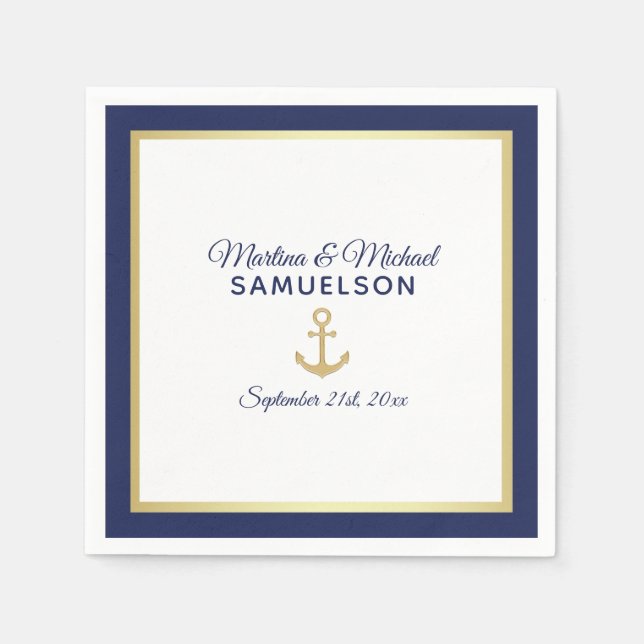 Serviette En Papier Ancre d'or bleu marine Mariage nautique (Devant)