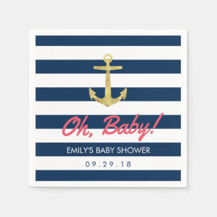 Serviette En Papier Ancre d'or nautique Baby shower Blue Stripes Marin