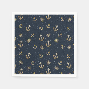 Serviette En Papier Ancre d'or nautique et Motif Helm sur bleu