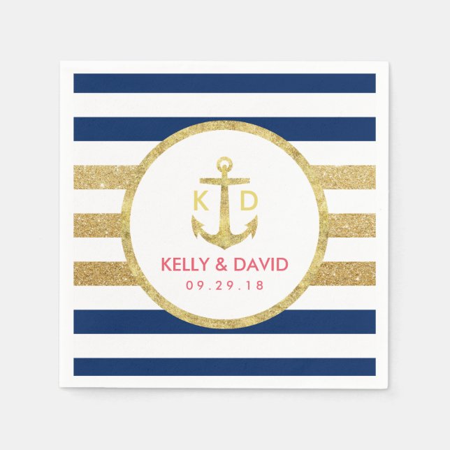 Serviette En Papier Ancre d'or Stripes modernes Mariage nautique (Devant)