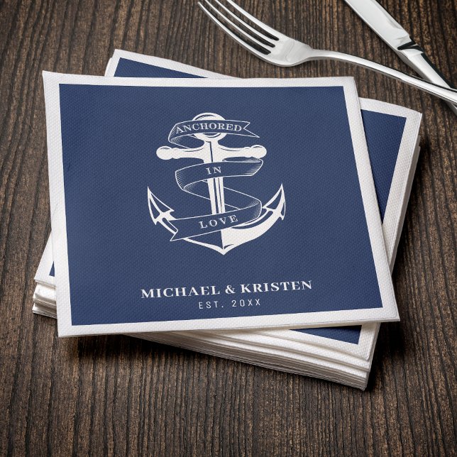 Serviette En Papier Ancré en amour Nautique Bleu Ancre Mariage (Anchored in Love White Nautical Anchor Wedding Napkins
)
