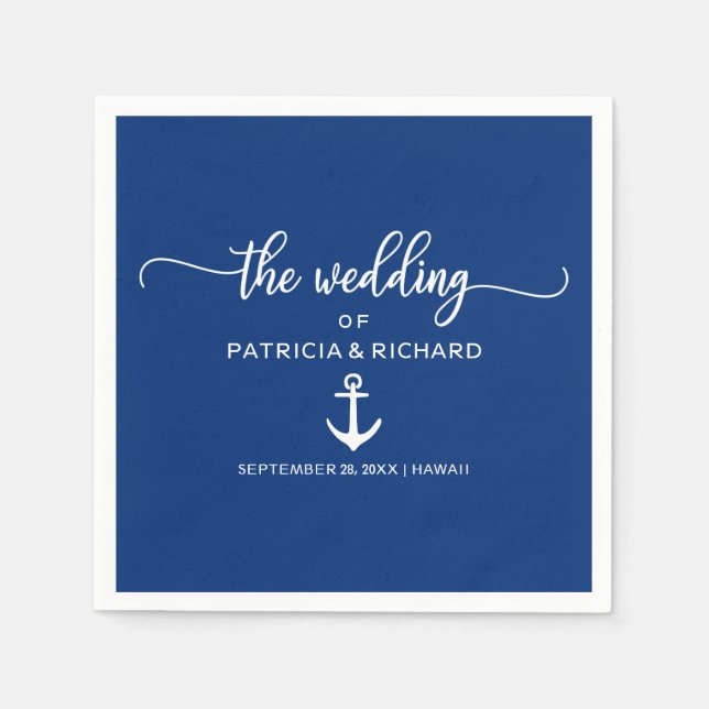 Serviette En Papier Ancre Mariage nautique Marine bleu et blanc (Devant)