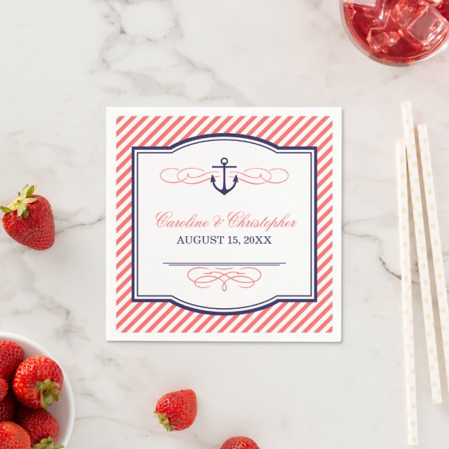 Serviette En Papier Ancre marine et corail Mariage nautique Monogramme (En situation)