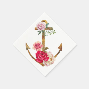 Serviette En Papier Ancre Naudique Vintage Fleur de Pivoine Rose et Ro