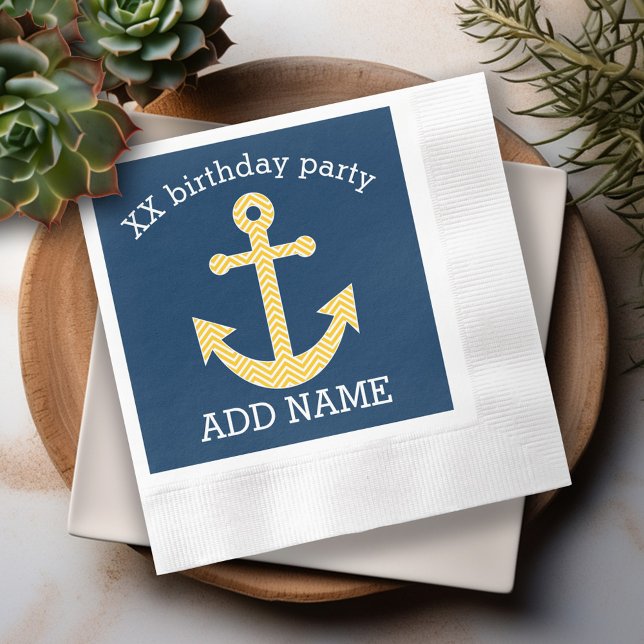Serviette En Papier Ancre nautique avec Motif de Navy Jaune Chevron (Personalized cocktail and dinner napkins)