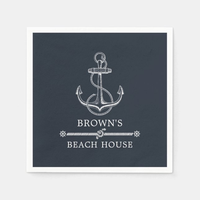 Serviette En Papier Ancre nautique Beach ou Lake House Nom de famille (Devant)