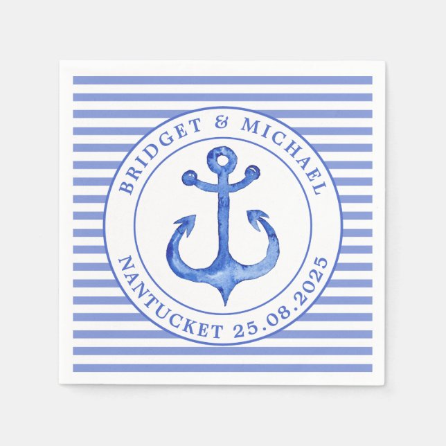 Serviette En Papier Ancre nautique Bleu rayé Mariage personnalisé (Devant)