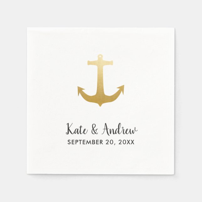 Serviette En Papier Ancre Nautique Faux Gold Foil | Mariage Océan (Devant)