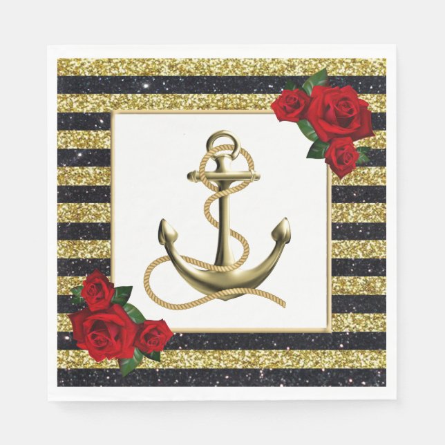 Serviette En Papier Ancre nautique Gold Black Stripes Mariage Napkins (Devant)
