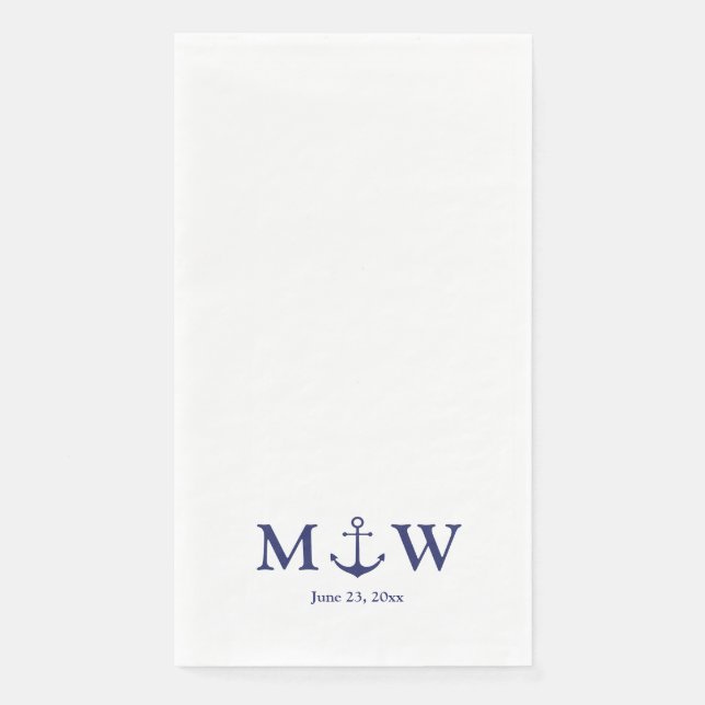 Serviette En Papier ancre nautique mariage marine bleu blanc monogramm (Devant)