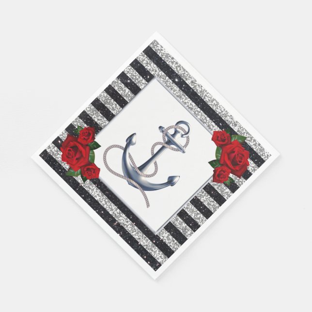 Serviette En Papier Ancre nautique Mariage Silver Black Stripes (Coin)