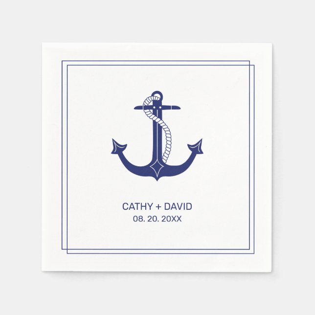 Serviette En Papier Ancre nautique Marine Blue Monogram Noms Mariage (Devant)