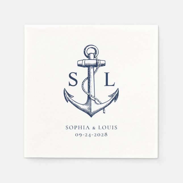 Serviette En Papier Ancre nautique Monogramme Mariage Marine (Devant)