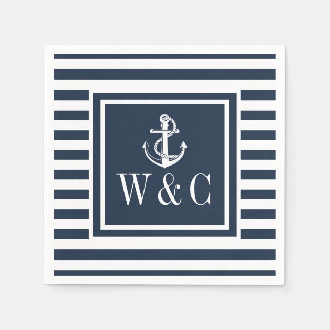 Serviette En Papier Ancre nautique Monogramme Marine Bleu Bleu (Devant)