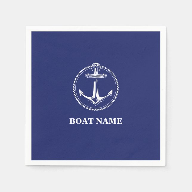 Serviette En Papier Ancre nautique Nom du bateau Bleu marine (Devant)