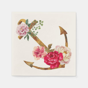 Serviette En Papier Ancre nautique vintage Fleur de pivoine rose et ro