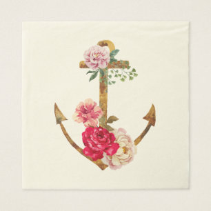 Serviette En Papier Ancre nautique vintage Fleur de pivoine rose et ro