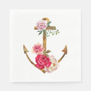 Serviette En Papier Ancre nautique vintage Fleur de pivoine rose et ro