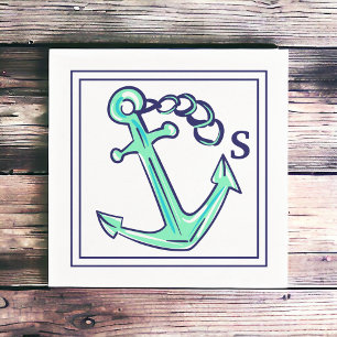 Serviette En Papier Ancre verte monogramme nautique