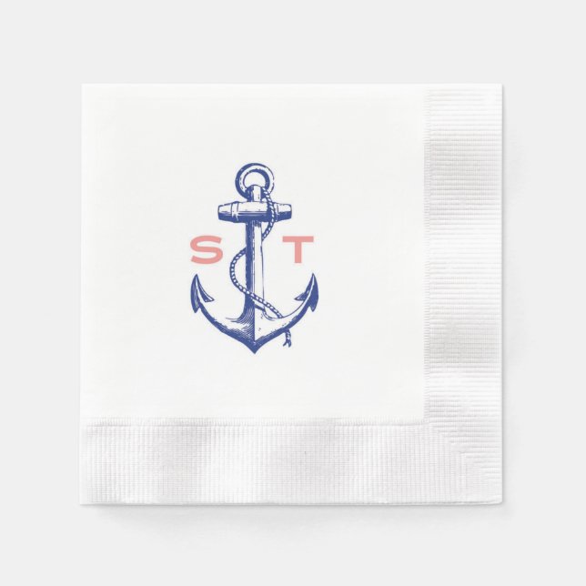 Serviette En Papier Ancres Away monogramme cocktail napkin (Devant)