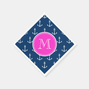 Serviette En Papier Ancres Bleu Marine Motif, Monogramme Rose Chaud