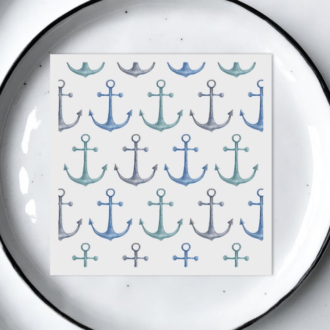 Serviette En Papier Ancres bleues aquarelle. Motif nautique de plage (Créateur téléchargé)