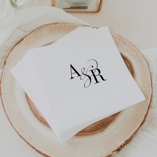 Serviette En Papier ANDREA Formal Minimal Blanc Noir Noir Élégant Mari (ANDREA Formal Minimal White Black Elegant Wedding Napkins)