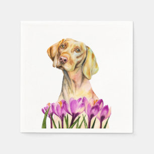 Serviette En Papier Angélique   Aquarelle Vizsla Chien et Crocus