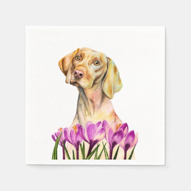 Serviette En Papier Angélique | Aquarelle Vizsla Chien et Crocus (Devant)