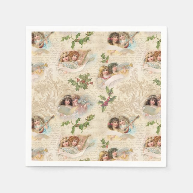 Serviette En Papier Angels victoriens avec musique, Script & Holly (Devant)