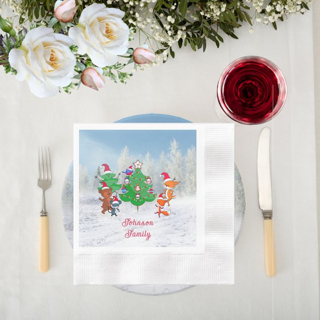 Serviette En Papier Animaux caricaturaux dansant autour de l'arbre de  (Cartoon Animals Dancing Around the Christmas Tree Paper Napkins)
