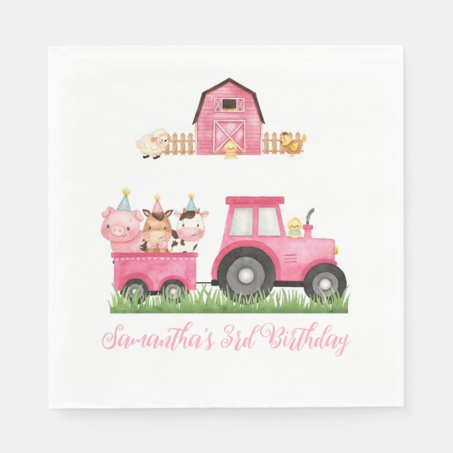 Serviette En Papier Animaux de ferme Fille rose Barnyard fête d'annive (Devant)