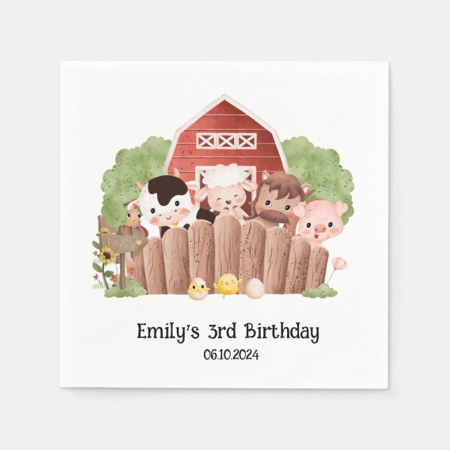 Serviette En Papier Animaux de ferme mignons Anniversaire (Devant)