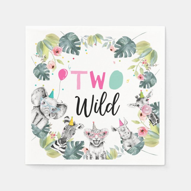 Serviette En Papier Animaux de fête Safari fille rose deuxième anniver (Devant)