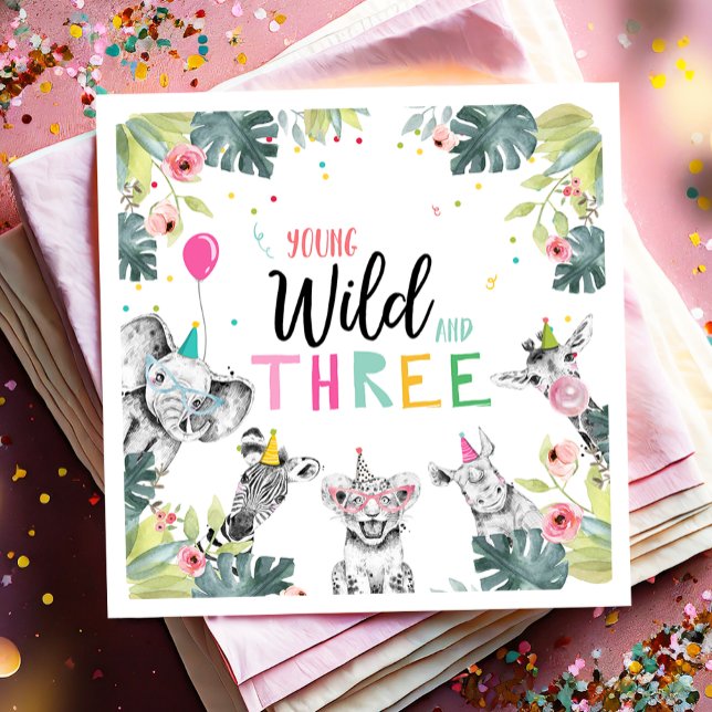 Serviette En Papier Animaux de fête Safari Girl Young Wild and Three (Créateur téléchargé)