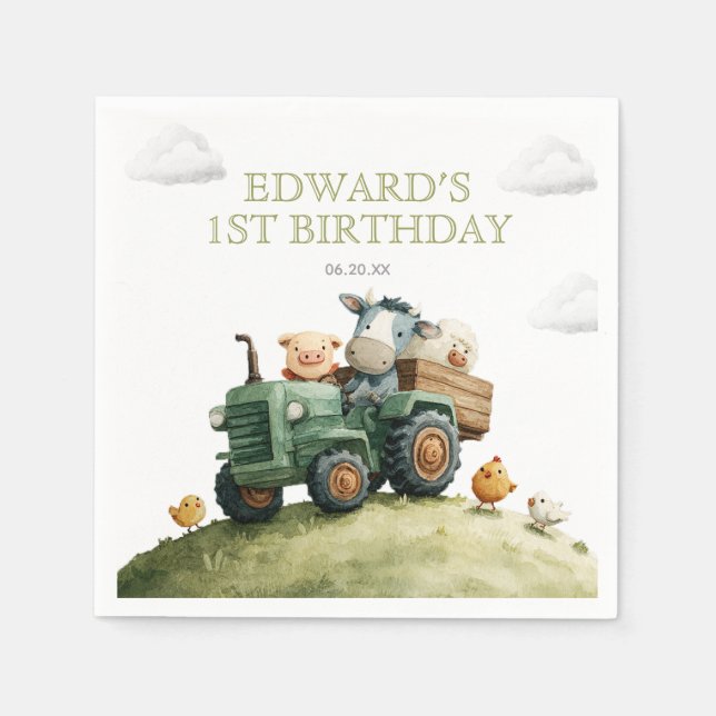 Serviette En Papier Animaux de la ferme Tracteur vert Anniversaire (Devant)