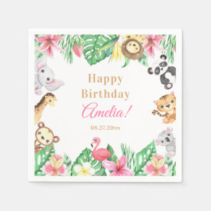 Serviette En Papier Animaux de safari à l'aquarelle Fille florale rose