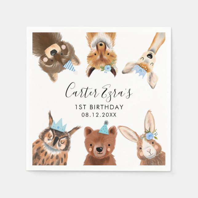 Serviette En Papier Animaux des bois Fête d'anniversaire bleu (Devant)