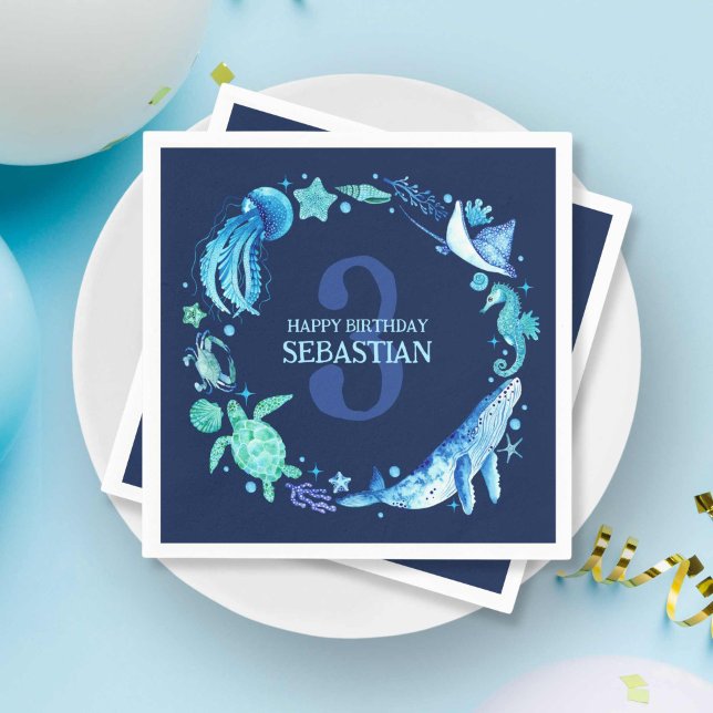 Serviette En Papier Animaux marins modernes en Aquarelle Bleue (Modern Nautical Ocean Animals in Blue Watercolor Napkins)