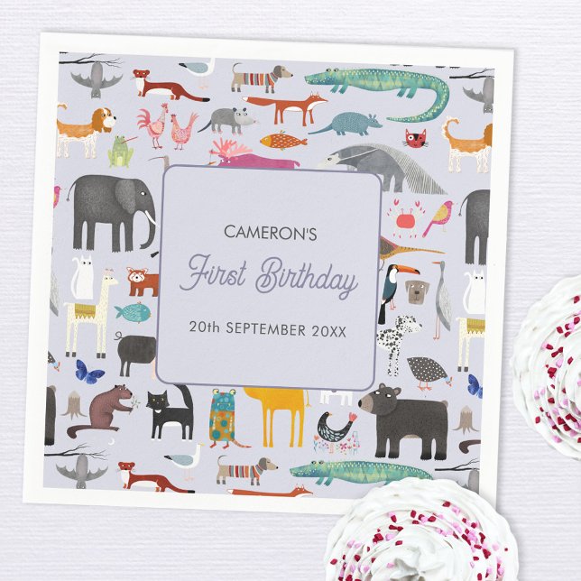 Serviette En Papier Animaux personnalisés amusants 1er anniversaire (Fun animal themed personalized custom text first 1st birthday party paper napkins)