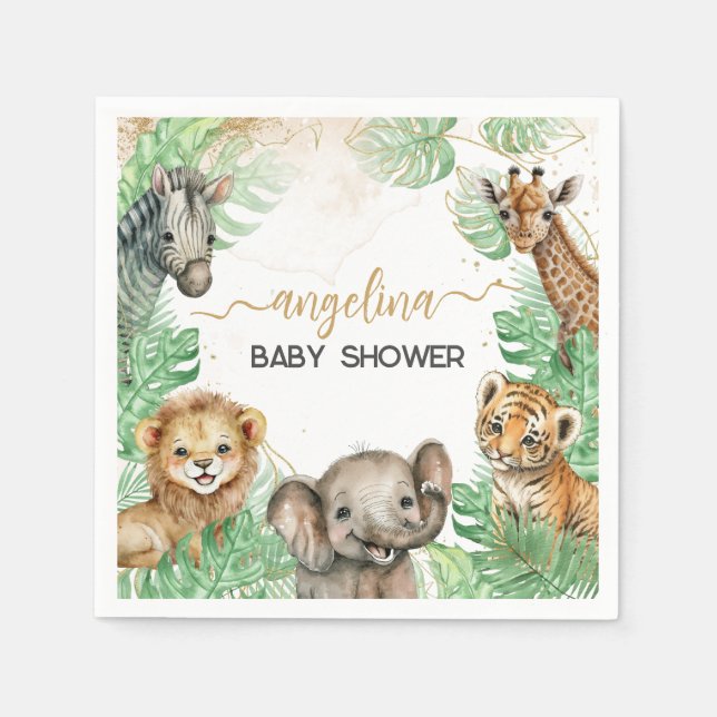 Serviette En Papier Animaux Safari Baby shower de verdure tropicale (Devant)