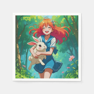 Serviette En Papier Anime fille aux cheveux gingembre avec son lapin