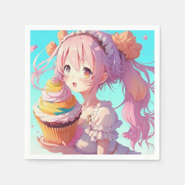 Serviette En Papier Anime Girl with Whimsical Cupcake Anniversaire (Devant)