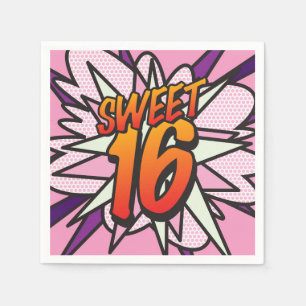 Serviette En Papier Anniversaire 16 ans Fun rétro bande dessinée rose