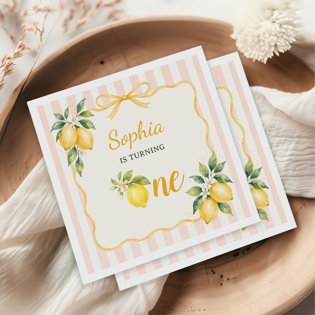 Serviette En Papier Anniversaire 1 an Thème Citron Rose Gingham (Créateur téléchargé)