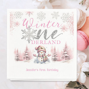 Serviette En Papier Anniversaire 1 an Winter Onederland Rose Pailleté